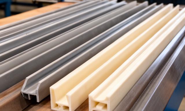 Perfiles estructurales de fibra de vidrio alineados sobre una mesa de trabajo en un entorno de fabricación