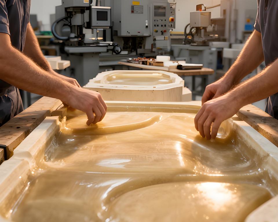 Técnicos revisando moldes y laminados de fibra de vidrio en una nave industrial ordenada