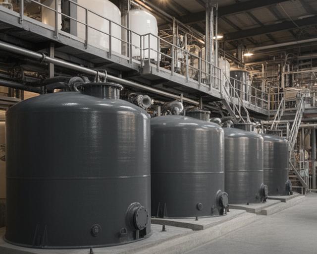 Tanques de almacenamiento anticorrosivos de PRFV alineados dentro de una planta química ordenada
