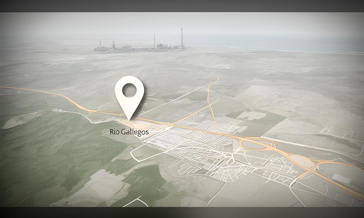 Mapa ilustrado de Río Gallegos con marcador sobre una vía sin nombre y referencia industrial cercana